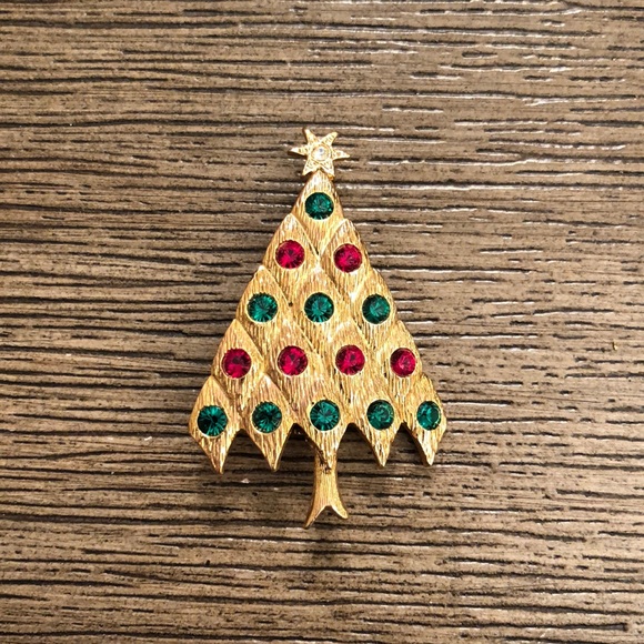 Vtg. LIA Red Green Rhinestone Christmas Tree Pin - Picture 3 of 12